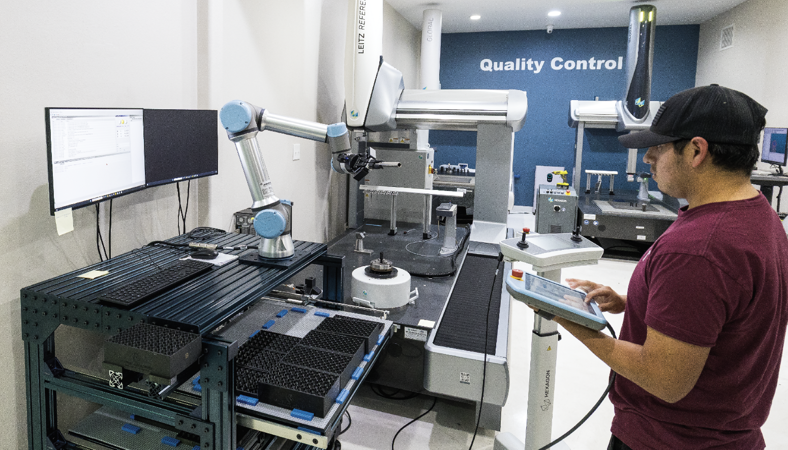 Nytron has 6 Hexagon CMMs in their QC department. The Leitz Reference Precision combines high accuracy and precision with outstanding high-speed scanning capabilities. Nytron has installed a Universal Robot to automate it even more.